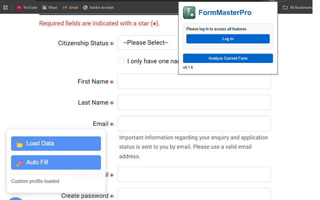 FormMasterPro user interface showing the login panel, data loading button, and form auto-fill functionality
